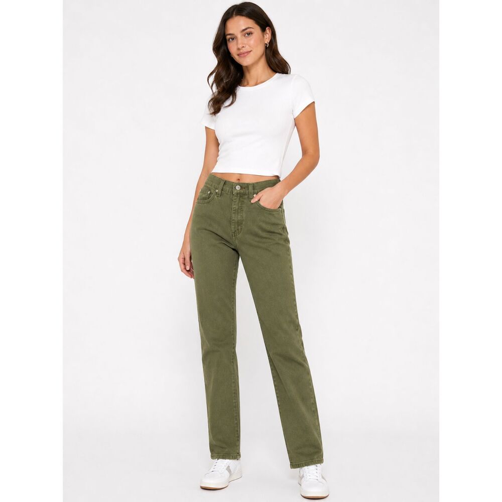 Faded Glory Jeans Women 6 Olive Green Mid Rise Straight Leg Stretch Casual Denim